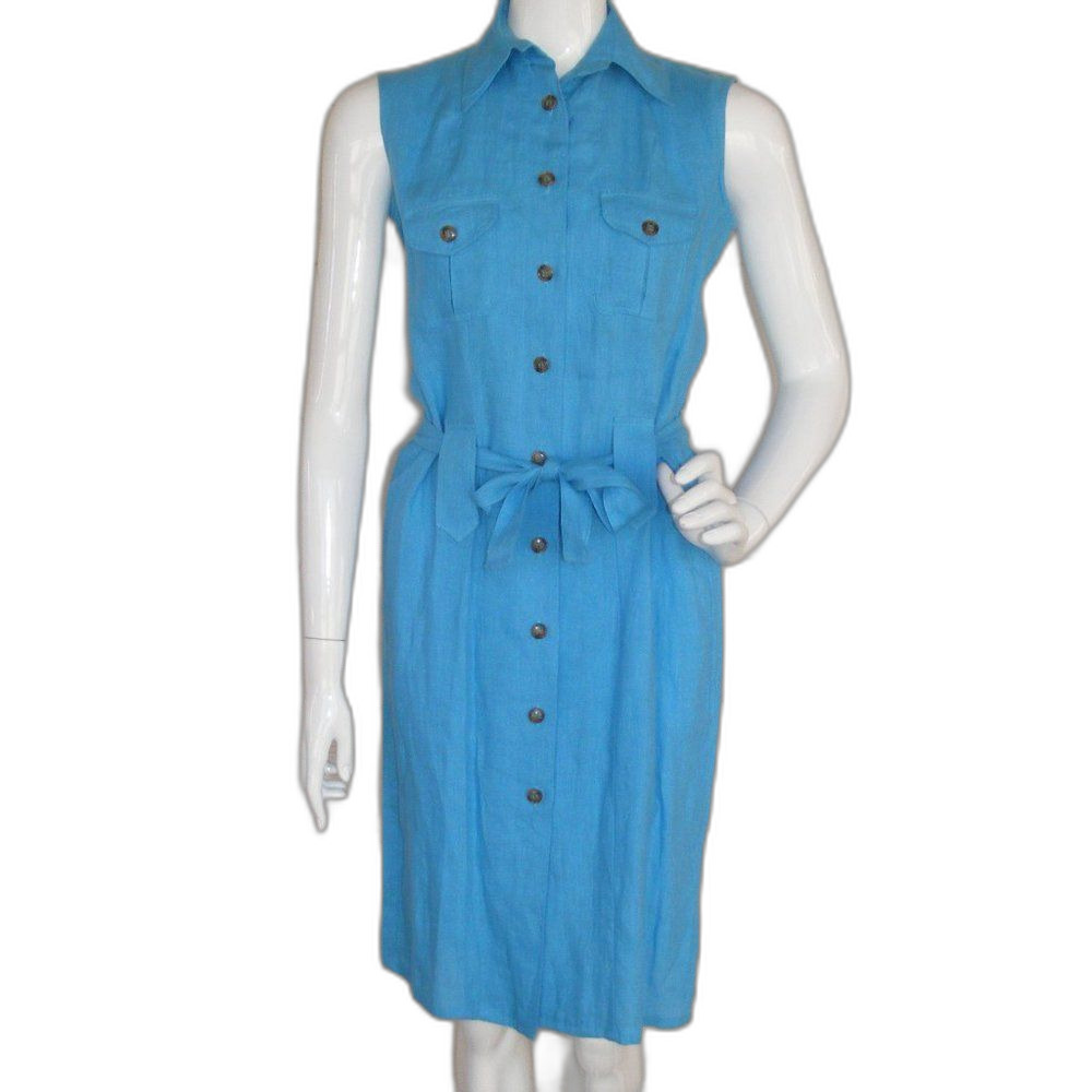 CASUAL CORNER Career Dress, 4, Blue Linen, Sleeveless, Sash/belt, Pockets